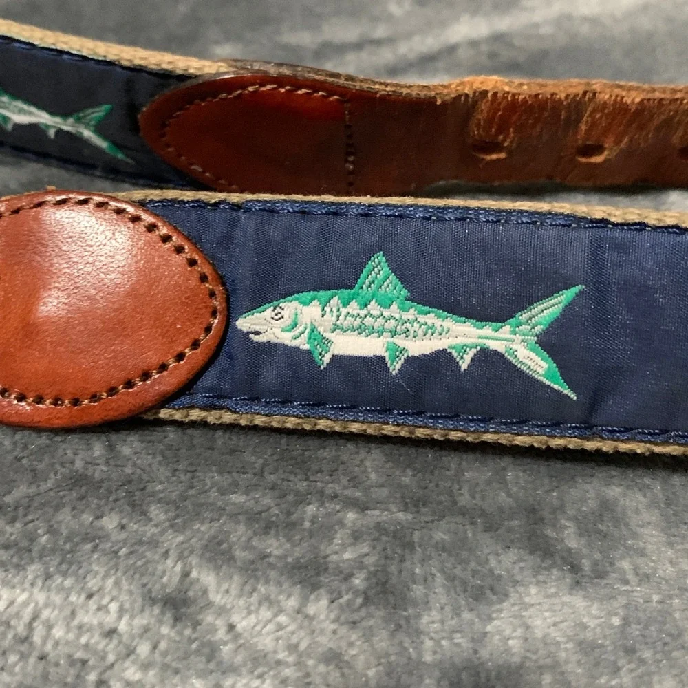 World Wide Sportsman Belt Mens 34 Ribbon Navy Blue Bonefish Leather Man Ltd EUC
